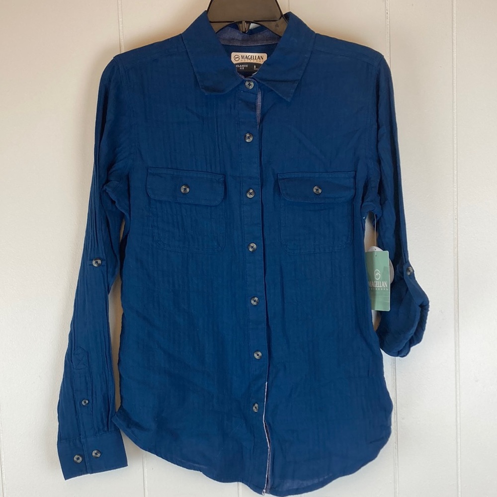 Magellan Classic Fit WOMENS Outdoor Campfire Crinkle Shirt in Moonlit Ocean NWT